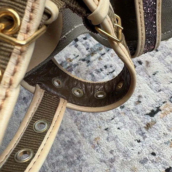 Y2K MIU MIU Double Buckle, Leather & Glitter, Olive Canvas Heels - Picture 15 of 16